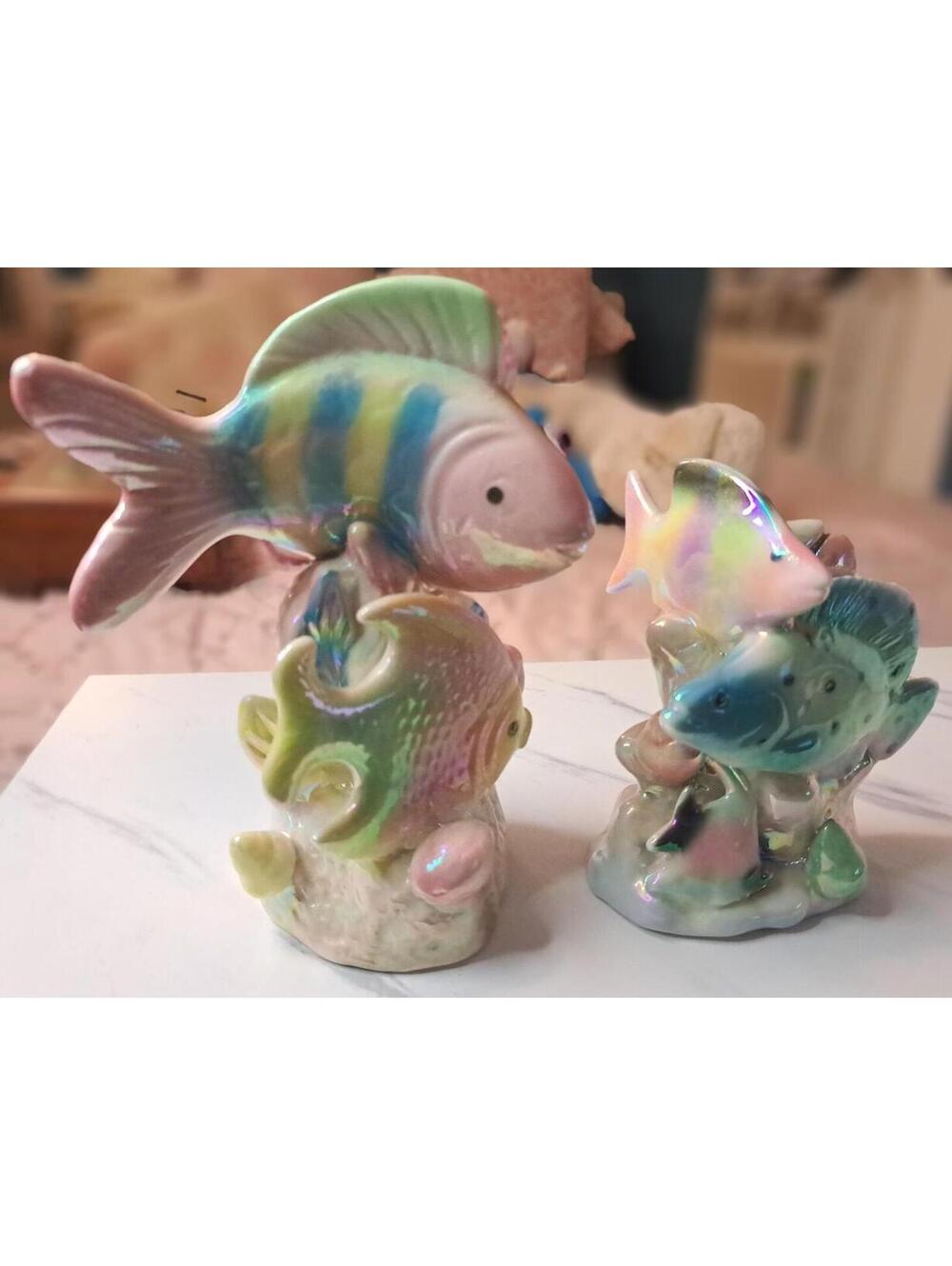 Vintage Set of 2 Mid-Century Iridescent Lusterware Ceramic Fish Figurines